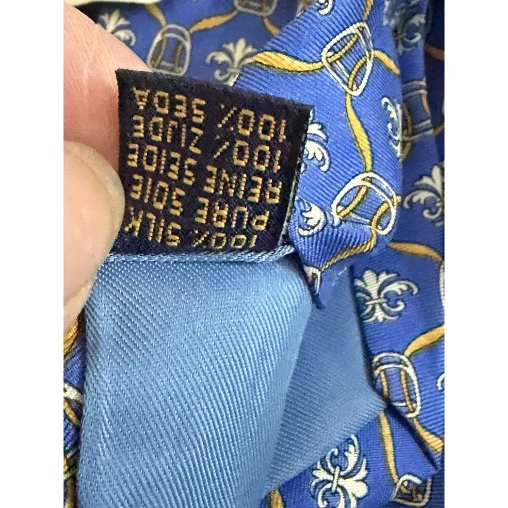 NWT Richel Blue 100% Pure Silk Hand Made In Spain Fleur De Lis Print Gold
